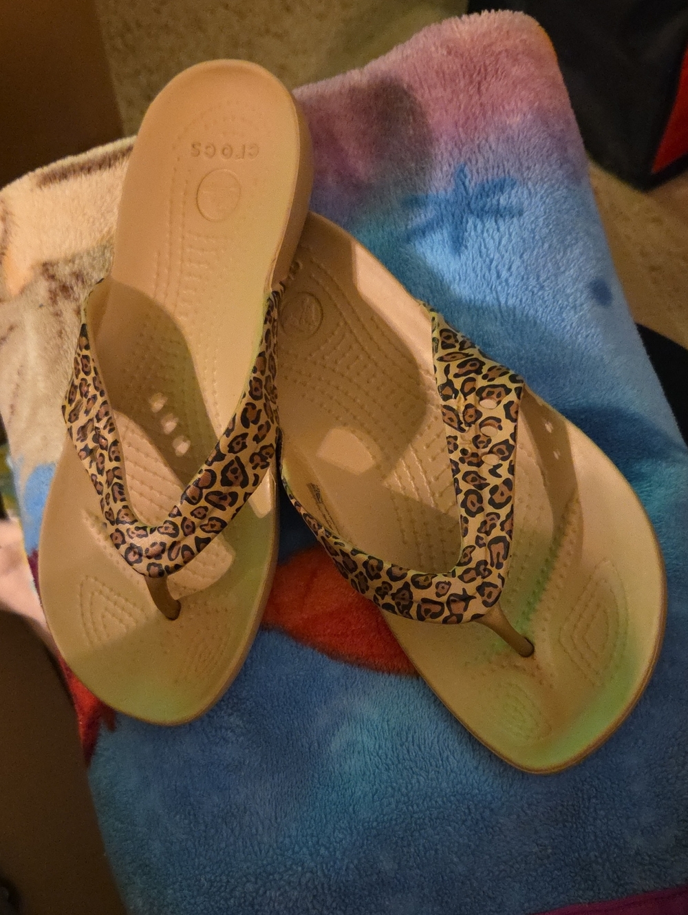 CROCS Women’s Tan Flip Flop Sandals with Leopard-Print Straps